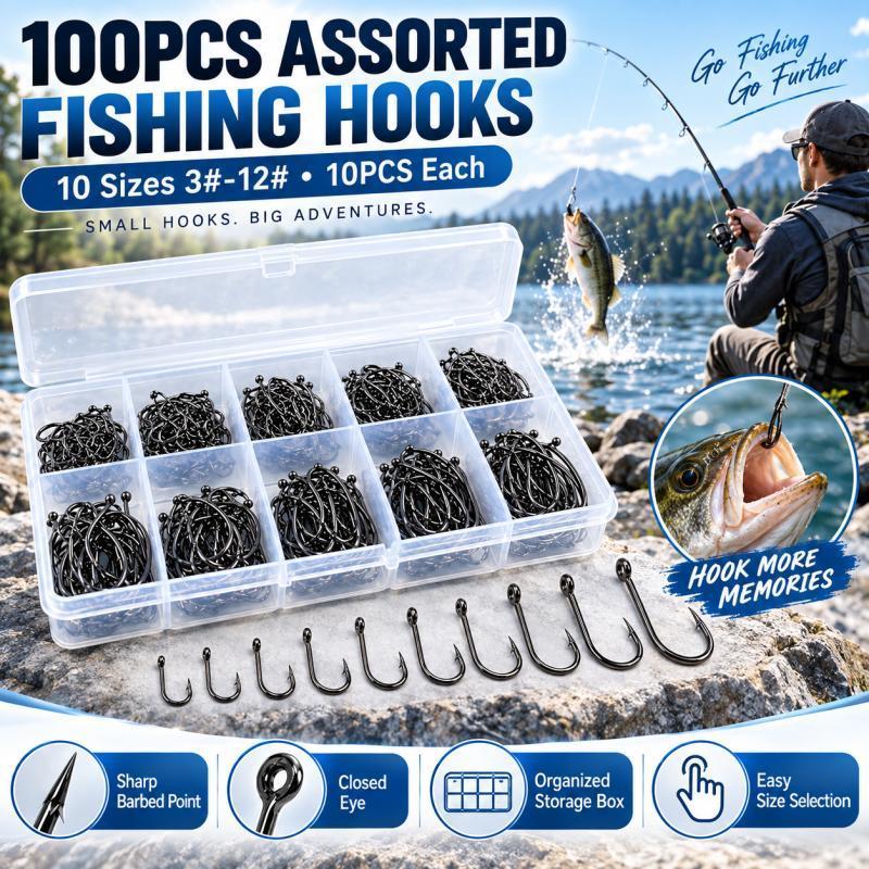 100個入り、10種類のサイズのバーブ付き釣り針セット #  - Fishing Hook Assortment のレビューと価格